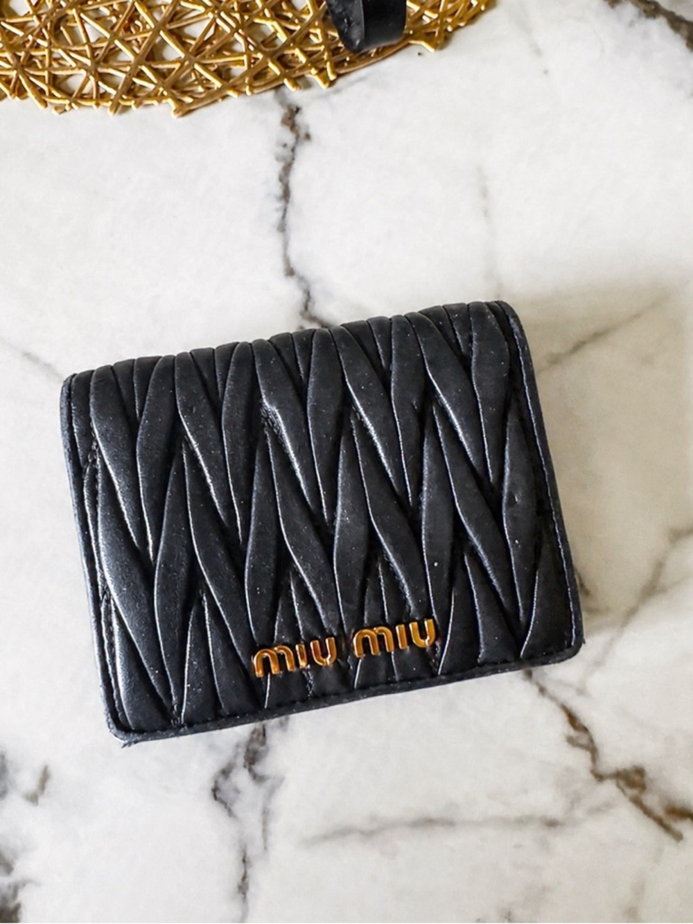 Miu Miu Matelassé Black Leather Wallet Cardholder Gold Logo